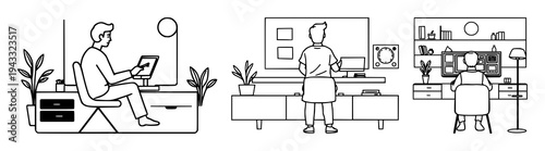 Smart home control center set with a minimalist pictogram of a person featuring modern living, technology, automation with heavy lines and a white background