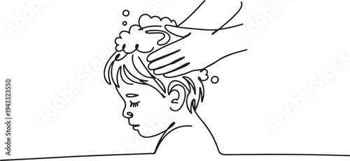 Single one line drawing child is being washed his hair with shampoo. Bathroom activities concept. one line Icon drawing