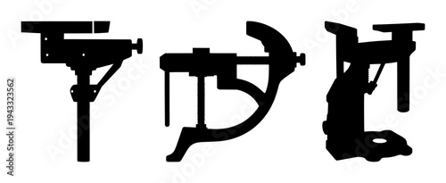 Blacksmith leg vise set with solid black silhouette design featuring industrial tool, metal crafting, blacksmithing with white background and sharp edges