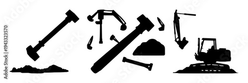 Sledgehammer set with solid black silhouette and clean sharp edges featuring heavy, demolition, construction with silhouette and black