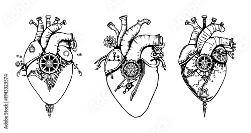 Mechanical heart set with ornate Victorian line art featuring mechanical heart, industrial romance aesthetic, detailed engraving with white background and line detailing