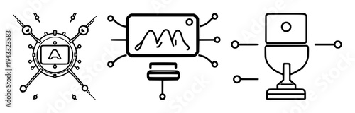 AI content symbol icon set with pixel-perfect lines and clean vector design on white background featuring tech, AI, content generation with minimalist and illustration