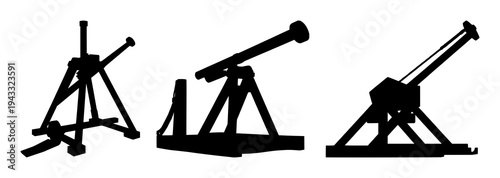 Trebuchet set with solid black silhouette isolated on white featuring medieval warfare, siege engine, historical war technology with silhouette and outline
