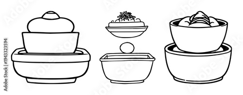 Bento box set with abstract line art design featuring Japanese lunch, minimalist style, black ink with tableware and food containers