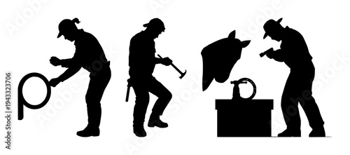Farrier set with solid black silhouette featuring a person, craftsman, blacksmith with anvil and hammer