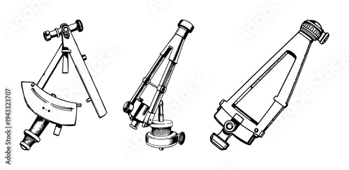 Vintage engraving of a maritime sextant set with nautical navigation detail featuring fine line hatching, retro style with oceanic themes and historical instruments