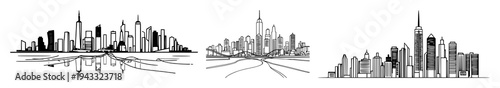Smart city skyline set with abstract line art and data waves featuring urban planning 2026, thin consistent stroke, white background with urban concept and technology