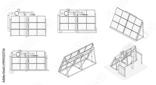Solar Collector System Blueprint Vector – Solar Energy Panel Layout Multi View Technical Line Drawing Isolated on White
