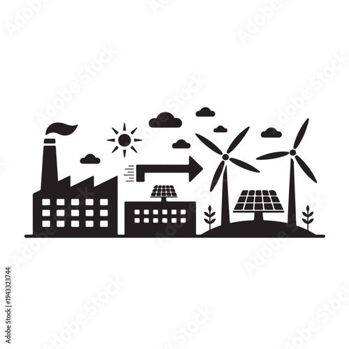 Silhouette of factory office buildings with solar panels and wind turbines
