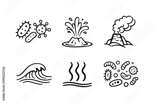 Collection of simple line art icons representing natural phenomena and microscopic organisms