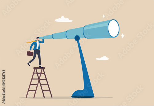 Long term plan or business strategy for far future, looking for opportunity, forecast and visionary, discover long term goal concept, businessman looking through oversized long telescope to see future