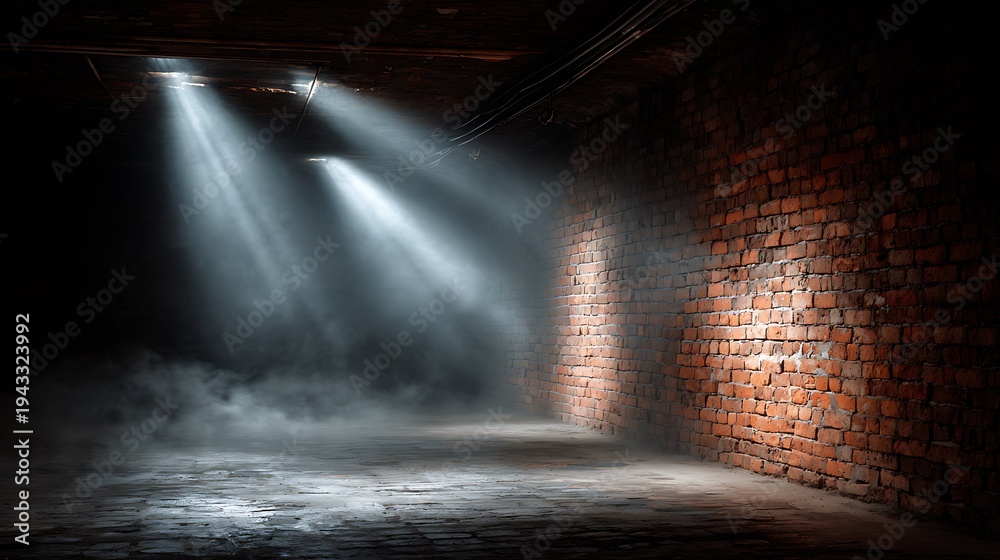 Obraz premium Dramatic light beams in dark industrial brick basement
