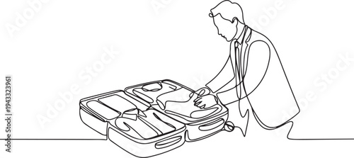 Continuous one line drawing businessman packing his clothes in an opened suitcase. Travel experience concept. one line Icon drawing