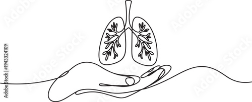 Continuous one-line drawing a hand protects the lungs. No tobacco day concept single line draws design graphic vector illustration. one line Icon drawing