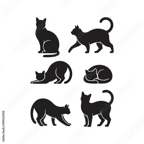 Six black cat silhouette poses in sitting