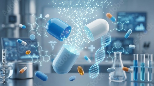 Advanced pharmaceutical science an open medical capsule releases molecular elements, symbolizing innovative drug discovery and scientific breakthroughs in a research laboratory