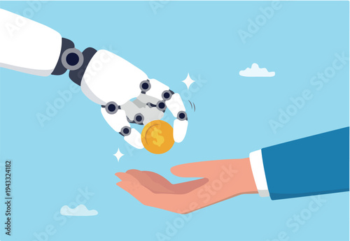 Artificial intelligence AI make money, data licensing resource for AI training payment, automation investment, robot trading or banking concept, AI robot hand giving dollar money to businessman
