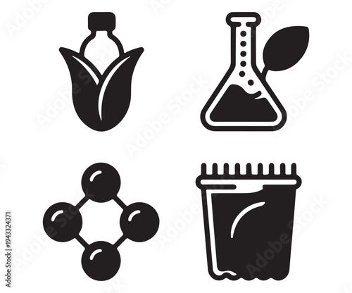 "Bio-technology laboratory icon set with natural leaf flask and molecular structure"