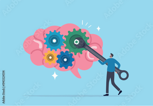 Brain intelligence, fix or adjust creativity thinking, wisdom or improve knowledge learning, tune attitude level or idea development concept, man using wrench adjust gear cogwheels in human brain