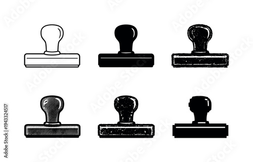 Rectangular office stamp tool with flat base and grip handle for pressing approval marks onto forms | Create ONE image containing