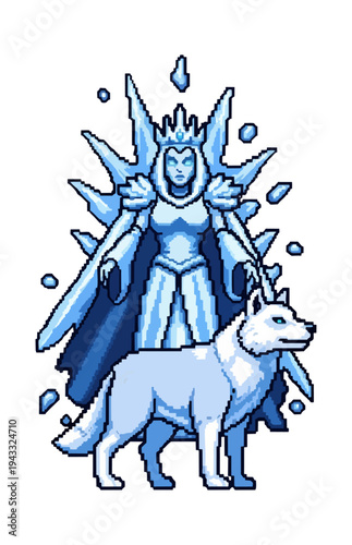 Pixelated ice queen and wolf illustration against black background