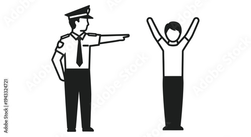 A police officer directs a person with raised arms a simple black and white illustration