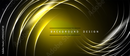 Abstract golden lines swirl, creating dynamic background. Bright glow contrasts dark space, offering modern aesthetic.