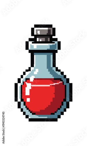 Pixelated potion bottle with red liquid on black background