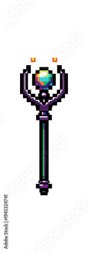 Pixelated magic staff digital illustration against black backdrop
