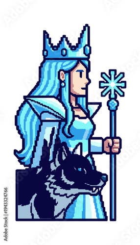 Pixelated queen with crown and wolf companion winter theme