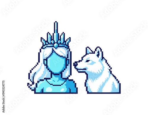 Pixelated queen with wolf illustration on black background