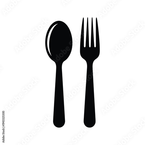 Black silhouette of a spoon and fork on a white background