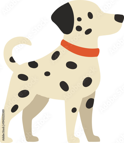 A flat vector illustration of a spotted dog with a red collar standing in a simple minimalist style.