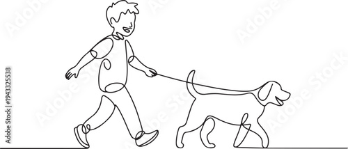 Single one line drawing happy boy with his dog. Urban pets concept. Continuous line draw design graphic vector illustration. one line Icon drawing