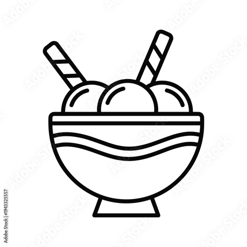 Simple Line Art Ice Cream Sundae in a Bowl with Wafer Cookies