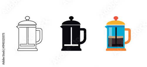 In cozy cafe atmosphere conveyed by identical French press coffee makers positioned evenly from left to right, each press
