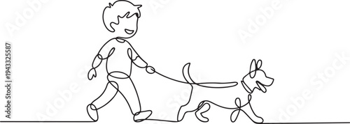 Single one line drawing happy boy with his dog. Urban pets concept. Continuous line draw design graphic vector illustration. one line Icon drawing