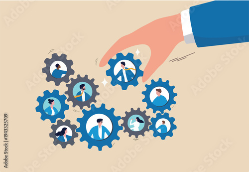 Solution for team, building organization, people management or career development, job position to help success, skill or efficiency concept, businessman hand put new employee to fix cogwheel gears