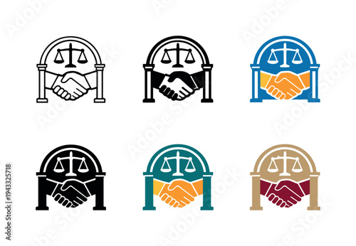 Emblem illustrating juridical assistance as a secure handshake framed by a refined archway, communicating trust, ethical