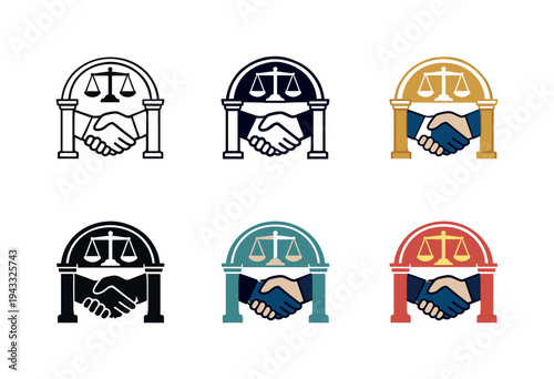 Emblem illustrating juridical assistance as a secure handshake framed by a refined archway, communicating trust, ethical