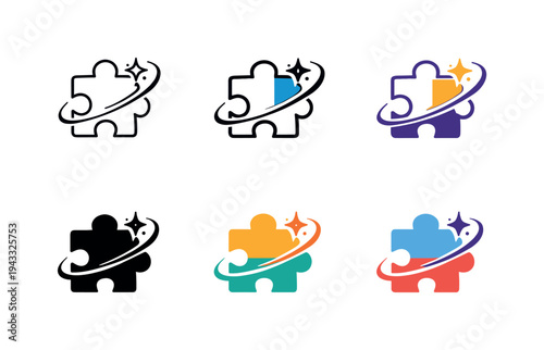 Emblem communicating innovative leisure through a puzzle piece integrated with a light spark and curved trail, suggesting problem