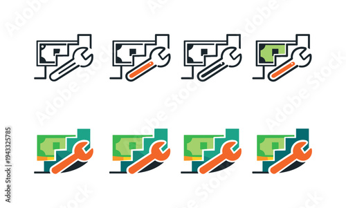 Emblem communicating financial performance refinement shown as a dynamic staircase shape combined with a wrench and a subtle