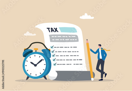 Tax time reminder, income tax planning, government payment date or financial refund, schedule or revenue calculation concept, businessman holding pencil with tax paper document and alarm clock