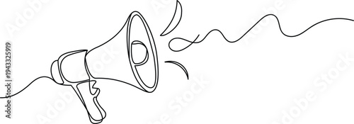 Megaphone Continuous line drawing with sound wave abstract line art on white background