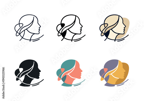 Emblem communicating present day design mood shown as a refined contour portrait integrated with layered abstract forms and a