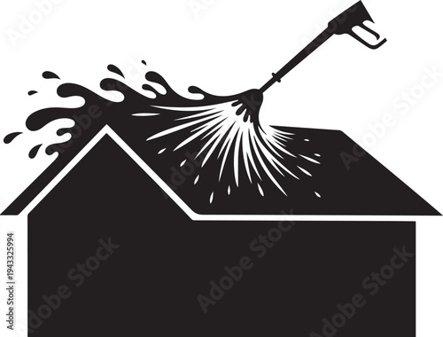 House Roof Cleaning with Pressure Washer Spraying Water and SplashesStock Graphic