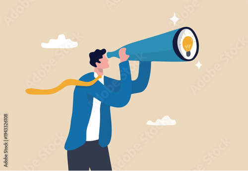 Product discovery, discover new idea or business insight, searching for innovation, creativity or smart solution, finding success concept, businessman look through telescope to find lightbulb idea