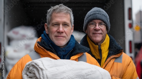 Two men dressed in warm clothing, one holding a folded blanket, standing outdoors in snowy weather.