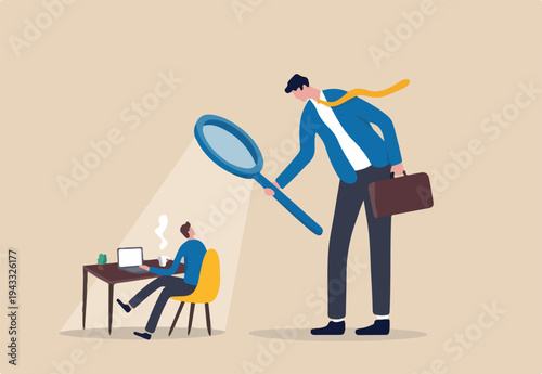 Micromanaging boss, toxic manager monitoring every details, excessive supervision and control of employee work and processes, micromanager boss using magnifying glass keep looking at employee working