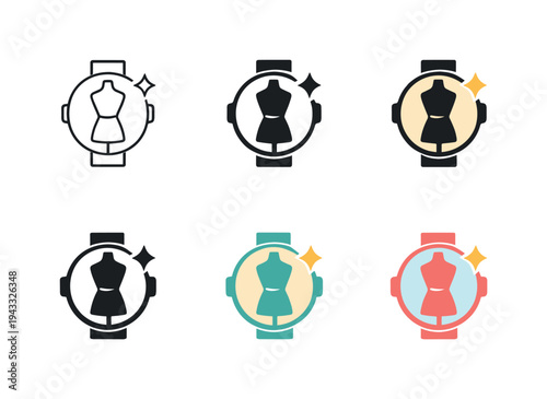 Emblem communicating contemporary wardrobe lifestyle shown as a minimalist dress form combined with a watch outline and small